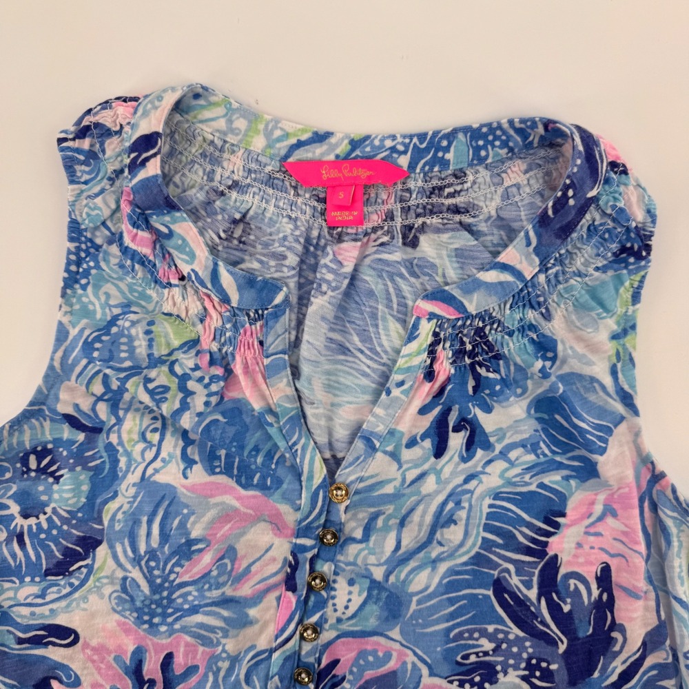 Lilly Pulitzer Henley Top Womens Small Blue Pink Cotton Sleeveless Smock Aquatic